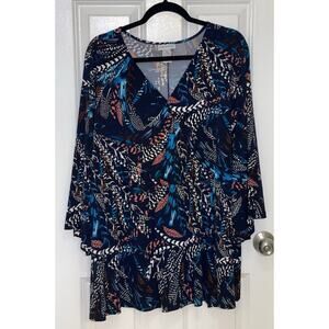 Catherines Top Blouse Women’s‎ Multicolor Pullover 3/4 Flare Sleeve Faux Wrap 3X